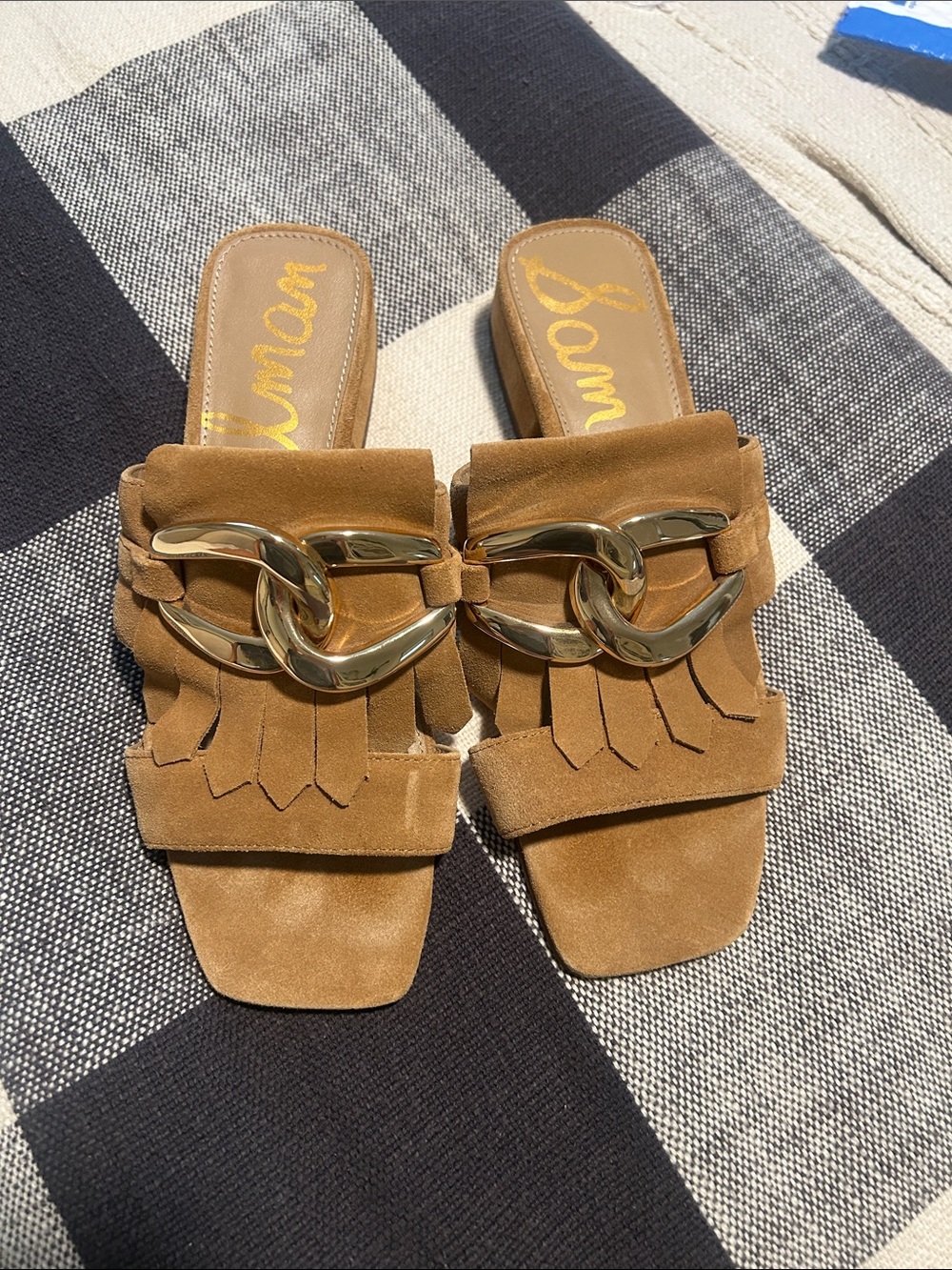 Sam Edelman Suede Fringe Slide Sandals with Gold Chain - Tan